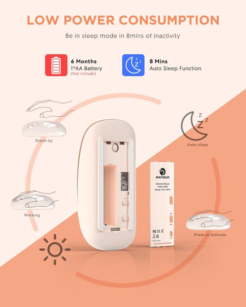 RAPIQUE Bluetooth Wireless Mouse - (BT5.1+USB) Slim Dual Mode Computer Mice with Quiet Click, Low Power, and 1600 DPI, Portable Cordless Mouse for MacBook, Laptop, iPad Pro/Air, Tablet (Pink) - Image 5